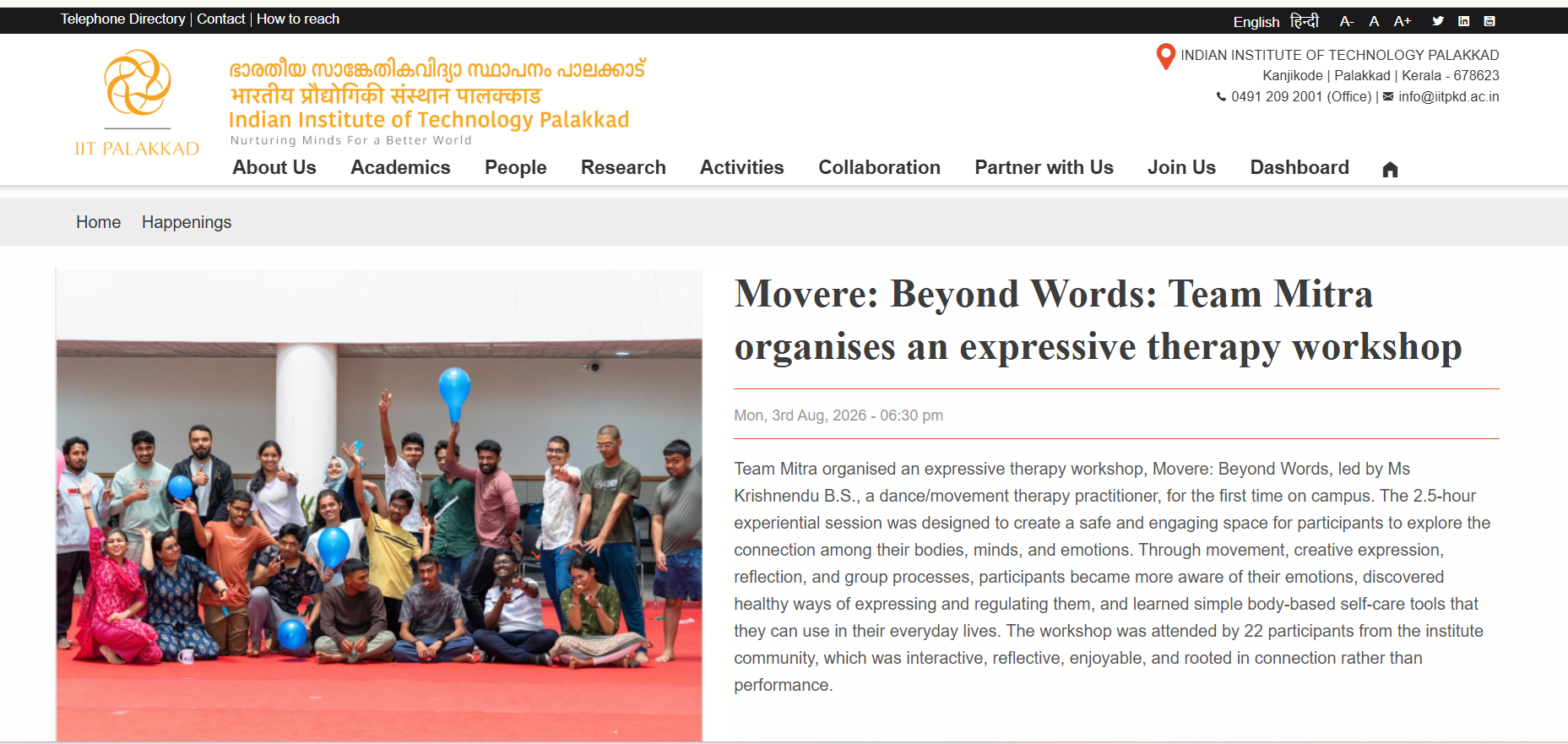 iit article: Movere: Beyond Words: Team Mitra organises an expressive therapy workshop