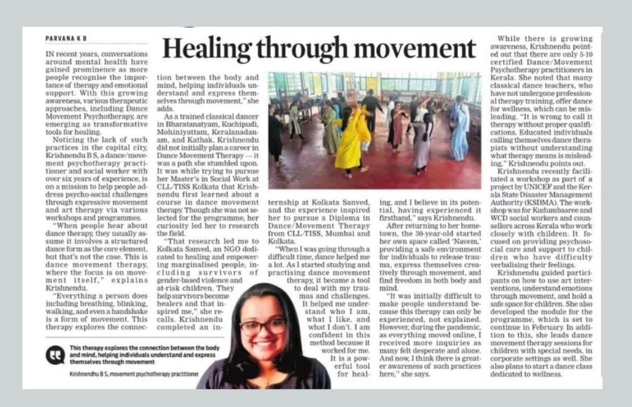 Newspaper clipping: Healing through movement, featuring Krishnendu B S